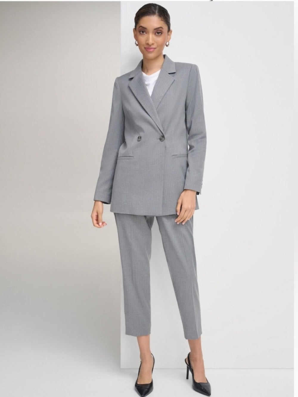 Calvin Klein Women’s Grey Pinstripe Double-Breasted Blazer & Tapered Pants Sz 8